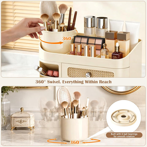 Makeup Organizer for Vanity with 360° Rotating Removable Brush Holder