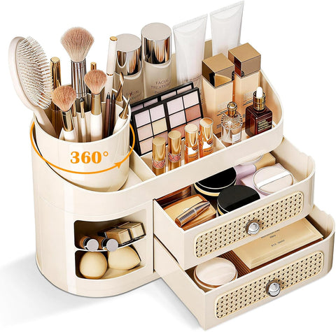 Makeup Organizer for Vanity with 360° Rotating Removable Brush Holder